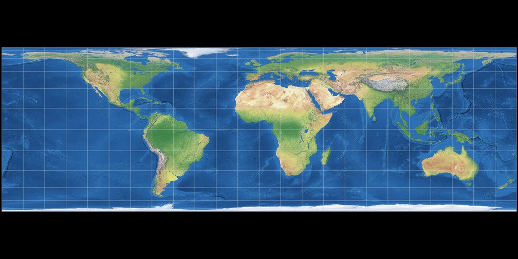 Plate Carrée (equirectangular) with straight graticule, example on https://truesize.world